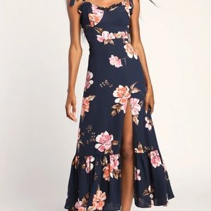 Forever Floral Navy Blue Floral Print Tie-Strap Slit Maxi Dress